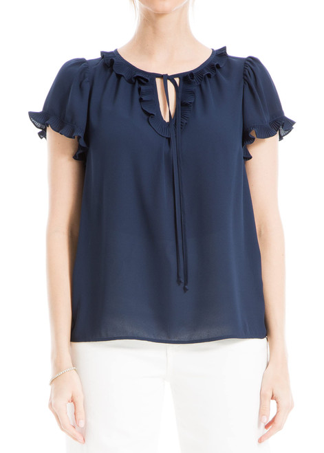 Max Studio Women's Flutter Sleeve Ruffle V-Neck Blouse, Navy, Large