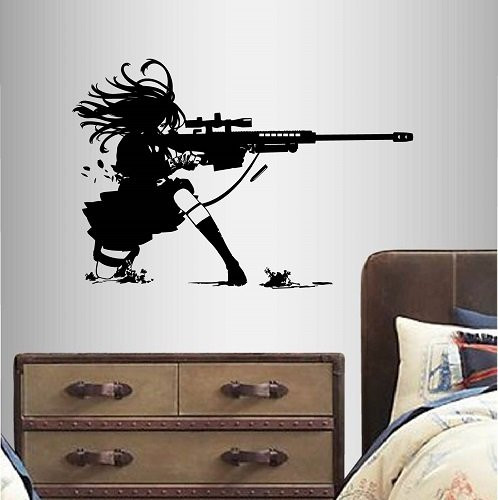 Wall Vinyl Decal Home Decor Art Sticker Anime Manga Girl Sniper Rifle Shooting Kids Bedroom Room Removable Stylish Mural Unique Design 2359