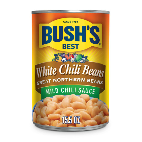 BUSH'S BEST 15.5 oz Canned White Chili Beans/Northern/Mild, Source of Plant Based Protein and Fiber, Low Fat, Gluten Free, (Pack of 12) BUSH'S BEST 15.5 oz Canned White Chili Beans/Northern/Mild, Source of Plant Based Protein and Fiber, Low Fat, Gluten Free, (Pack of 12)