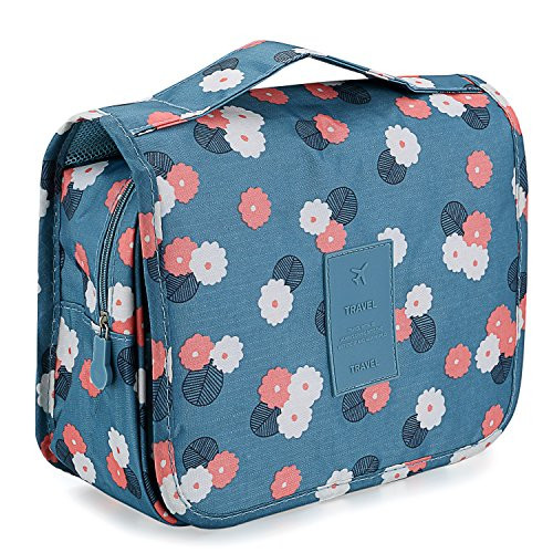 JewelryWe Blue Flowers Toiletry Bag, Portable Travel Multifunction Cosmetic Bag Makeup Pouch Waterproof Hanging Organizer Bag for Girls Women
