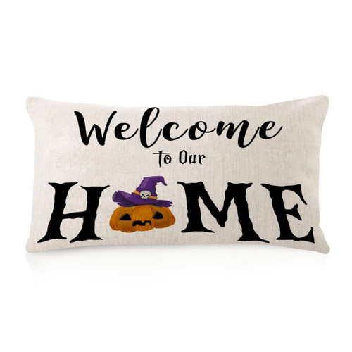 Halloween Welcome to Our Home Breathable Accent Pillows Decorative Bedroom Pillow Cushion Case Pumpkins Witch Hat Boo Square Cotton Linen Pillowcases for Home Decor Garden Porch Bench 12x20 Inch