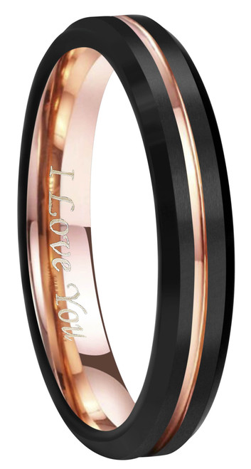 4mm 6mm 8mm 10mm Rose Gold Groove Black Matte Finish Tungsten Carbide Wedding Band Ring Engraved I Love You (4mm,7)
