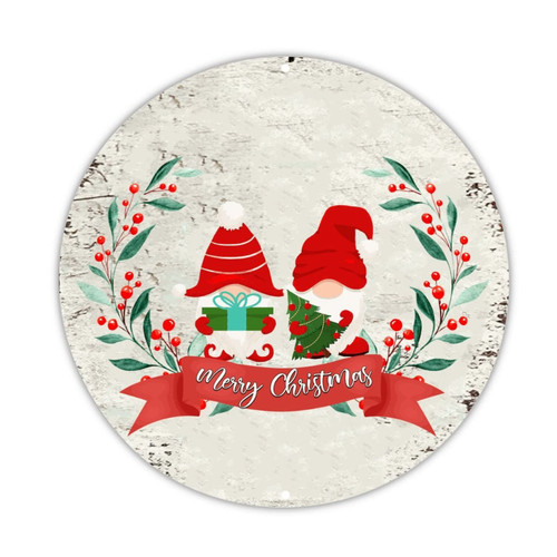 Welcome Sign Merry Christmas with Gnome Round Aluminum Sign Winter Mistletoe Christmas Wreath Sign Holy Night Wall Art Plaque Signs For Home Bar Pub Cafe Farm Room 12x12in