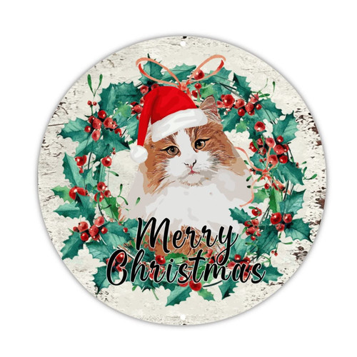 Welcome Sign Merry Christmas Round Aluminum Sign Christmas Hat Cat Mistletoe Wreath Sign Christmas Joy Wall Art Metal Sign For Patio Porch Pool Garden Coffee Shop 12x12in