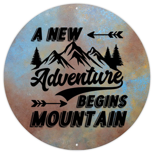 CowkissSign Round Metal Sign A New Adventure Begins Mountain French Vintage Metal Sign Bible Religious Christian Retro Wall Decor for Living Room Kitchen Front Porch 9x9in Happy Birthday Gift