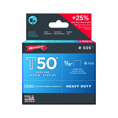 Arrow Fastener 505 4 Pack 5/16in. T50 Heavy Duty Staples, 1,250 Staples Per Pack