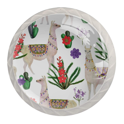 Idealiy Llamas and Cacti Watercolor Alpaca Cactus Painting Cabinet Dresser Drawer Knobs Glass Pull Handle for Cabinet Door Wardrobe Cupboard