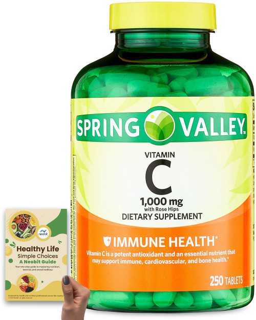 Spring Valley Vitamin C with 8 mg of Rose Hips, 1,000mg, 250 Tablet - Immune, Cardiovascular and Bone Health Support - Bundle with Comprehensive 'Healthy Life, Simple Choices' Guide