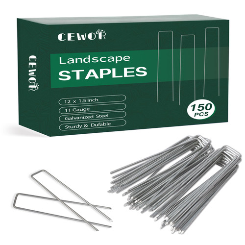CEWOR Landscape Staples 150 Pack 12 Inches 11 Gauge Stakes, Galvanized Garden Stakes Landscaping Staples and SOD Pins Lawn Stakes for Weed Barrier Fabric