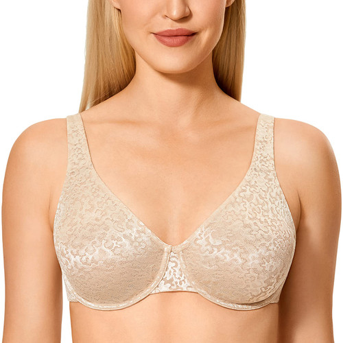 DELIMIRA Women's Sheer Minimizer Plus Size Bra Full Coverage Unlined Underwire Beige 36DD