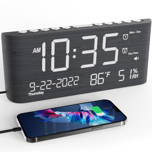 Digital Clocks for Bedrooms, Wooden Alarm Clock with Temperature and Humidity,Dual Alarm,Weekday/Weekend Mode,Snooze,USB Charger,Adjustable Brightness & Volume,Electric Clocks for Living Room Office