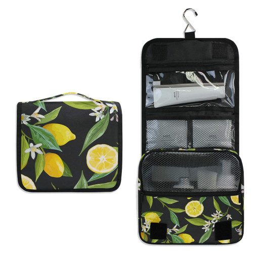 Hanging Travel Toiletry Bag - Lemon Tree Black Cosmetic Makeup Bag Pouch Organizer for Women and Girls Waterproof