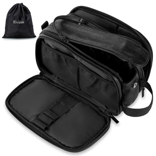 Elviros Toiletry Bag for Men, Large Travel Shaving Dopp Kit Water-resistant Bathroom Toiletries Organizer PU Leather Cosmetic Bags (Medium, Black)