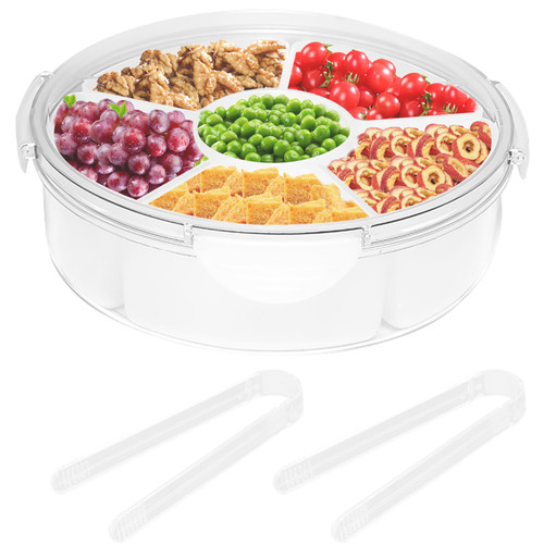Longzhuo Veggie Tray with Lid, Divided Serving Tray with 6 Compartments, Round Snackle Box Container, Snack Tray with Lid+2 Fruit Clips, Food Storage Organizer for Snack, Fruits, Veggie, Candy, Nut