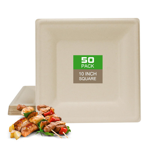 BangShou Square Paper Plates 10 Inch, 30 Pack 100% Compostable Microwaveable Plates Heavy Duty Paper Plates, Biodegradable Disposable Dinner Plates, Natural Bagasse Disposable Paper Plates