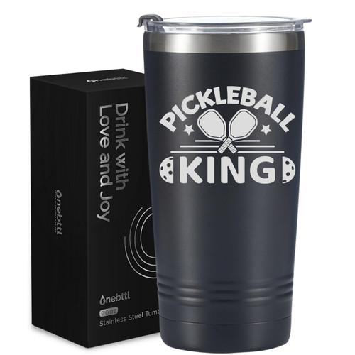 Onebttl Pickleball Gifts for Men, Pickleball Accessories, PICKLEBALL KING, Black Insulated 20oz Stainless Steel Travel Tumbler with Straw, Brush, Lid, and Gifts Box