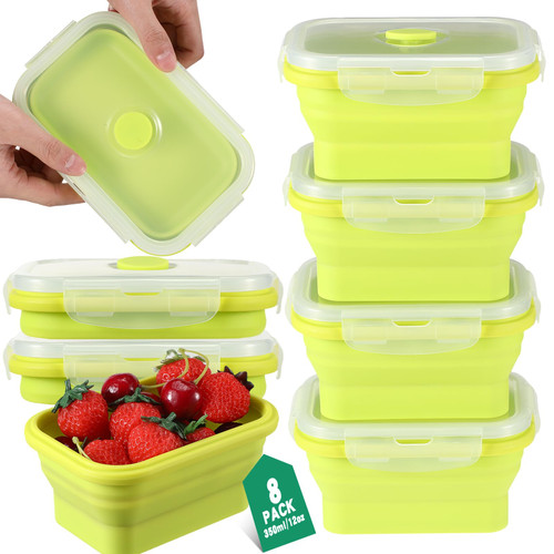 Mifoci Set of 8 Silicone Collapsible Food Storage Containers 12 oz Collapsible Meal Prep Container Square Collapsible Bowl with Lids Vent, Microwave and Freezer and Dishwasher Safe (Green)