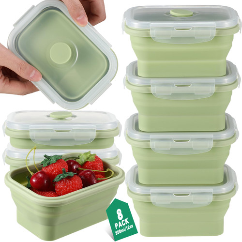 Mifoci Set of 8 Silicone Collapsible Food Storage Containers 12 oz Collapsible Meal Prep Container Square Collapsible Bowl with Lids Vent, Microwave and Freezer and Dishwasher Safe (Bean Paste Green)