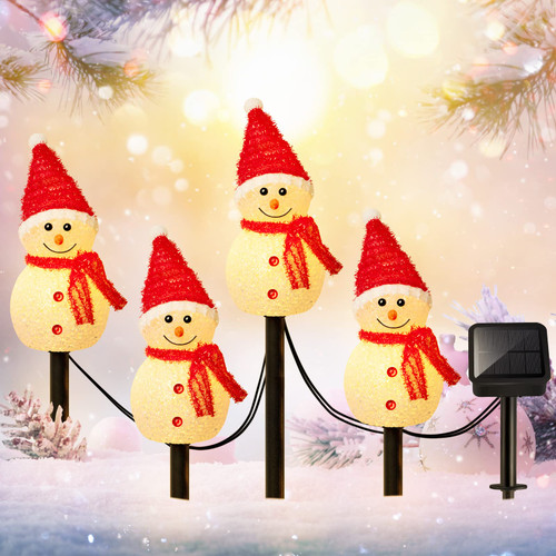 4 Solar Snowman Garden Stakes Lights Set, Outdoor Solar Snowman Santa Lights Christmas Yard Decorations Solar Snowman Stake Lights Waterproof Snowman Landscape Lights for Patio Yard
