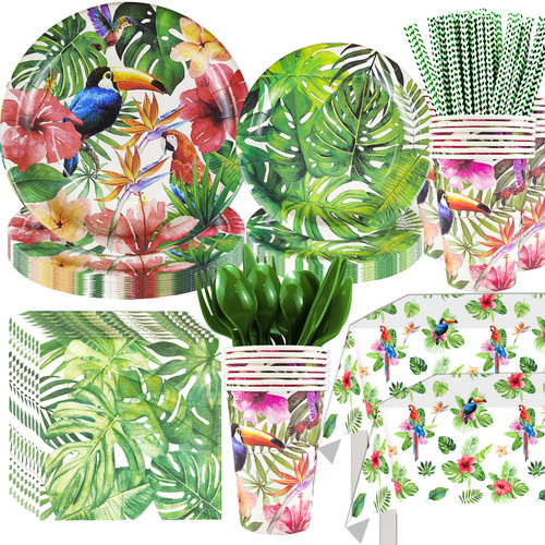 FVABO Hawaiian Luau Party Supplies Tableware - Aloha Tropical Party Dinnerware Include Plates, Cups, Napkins, Cutlery, Tablecloth, Straws, For Hawaiian Theme Birthday Party Decorations | Serves 24