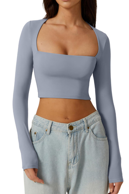 QINSEN Women's Sexy Square Neck Crop Top Long Sleeve Slim Fit Cropped T Shirts Country Blue M QINSEN Women's Sexy Square Neck Crop Top Long Sleeve Slim Fit Cropped T Shirts Country Blue M