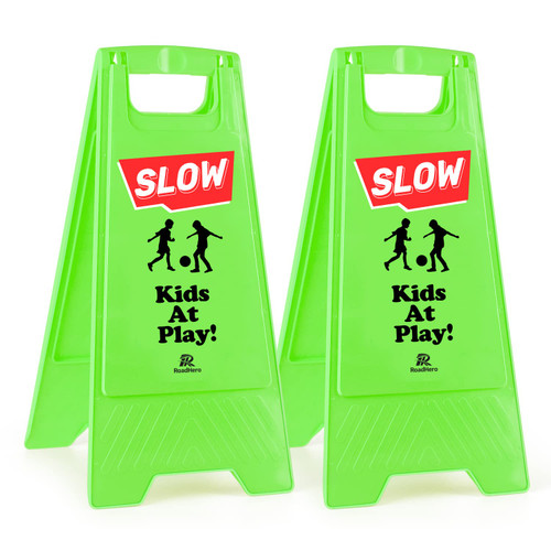 RoadHero 2 Pack Slow Kids at Play sign, Children at Play Safety Signs,Double-sided Caution Playing Sign for Street,Neighborhoods,Schools, Park, Sidewalk, Driveway(Green)