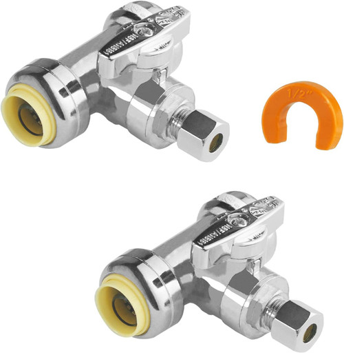 WiseWater 1/2" Push x 1/2" Push x 3/8" O.D Compression Push Fit Tee Stop Valves with Disconnect Clip, 1/4 Turn Chrome Plated Brass Water Shut Off Valve for Copper, PEX, CPVC Pipe