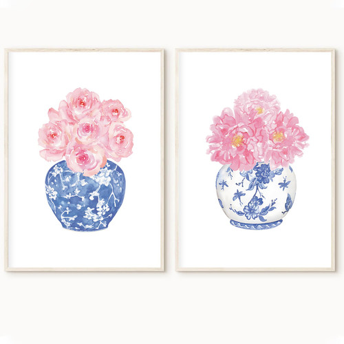 Pink Floral Watercolor Art Blue and White Vase Wall Art Chinoiserie Art Print Flower in Vase Wall Art Watercolor Peonies Print Pink Rose Painting Pink Flower Wall Prints for Bedroom 16x24inx2 No Frame
