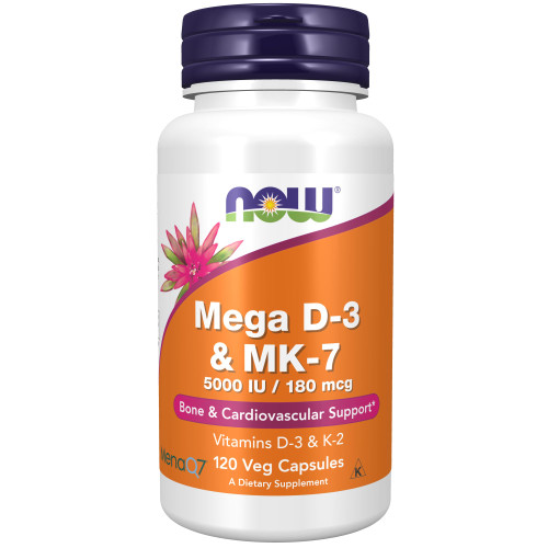 NOW Supplements, Mega D-3 & MK-7, 5000 IU / 180 mcg, Bone & Cardiovascular Support*, Vitamins K-3 & K-2, 120 Capsules