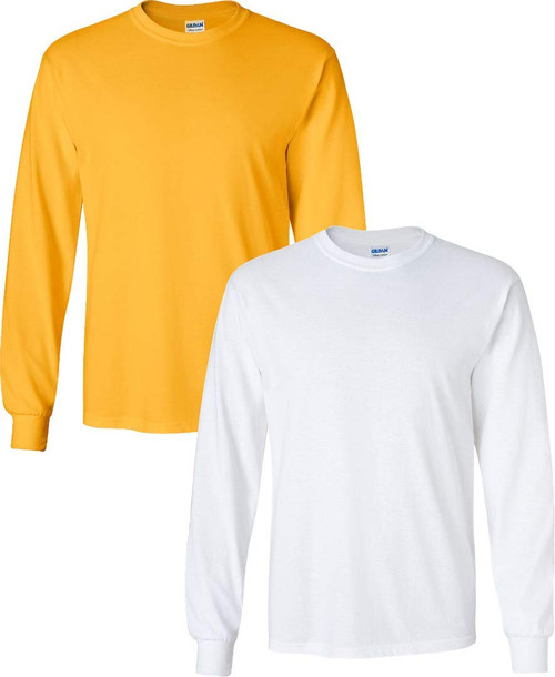 Gildan Men's Heavy Cotton Long Sleeve T-Shirt, Style G5400, Pack of 2 Large Gold-White