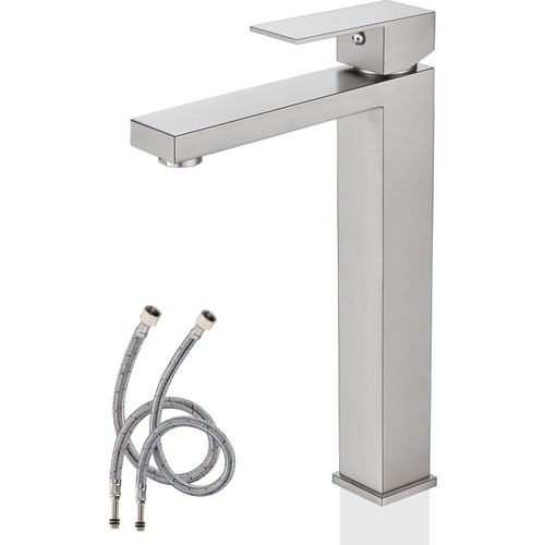 Brushed Nickel Vessel Sink Faucet Bathroom Tall Faucet Single Handle SUS304 Stainless Steel One Hole Basin Mixer Tap Modern Vanity Faucet Deck Mount