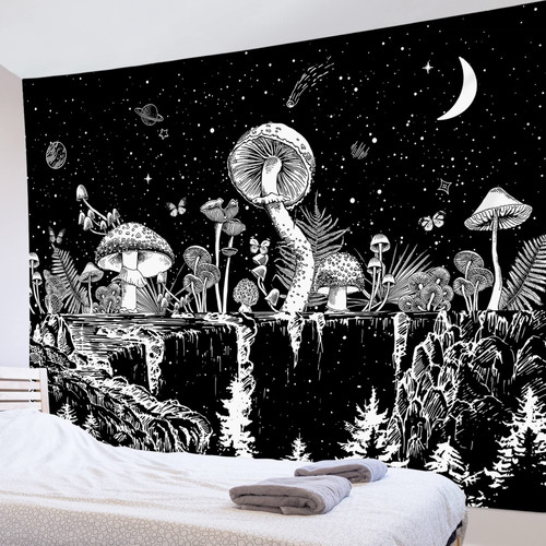 ECOTOB Black White Mushroom Tapestry Moon Mountain Forest Wall Tapestry Galaxy Star Butterfly Tapestry for Bedroom Aesthetic Wall Hanging for Living Room College Dorm Decor, 92.5x70.9 Inches