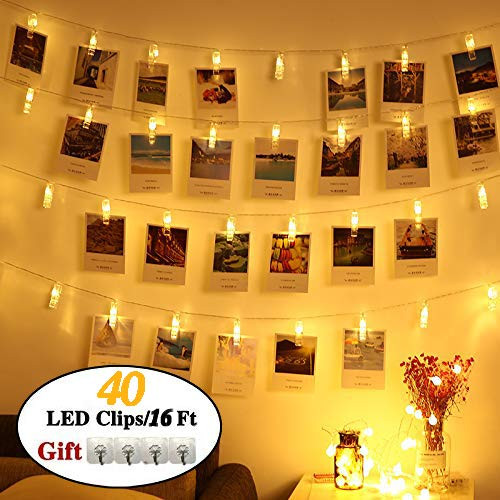 ZITION 40 LED Photo Clip String Lights, Battery Powered, Fairy String Lights Indoor/Outdoor Decorate,String Lights Photo Clips Hanging Pictures,Notes,Cards Artwork(16.4Ft,Warm White)