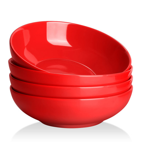 Yedio Pasta Bowls, 45 Ounces Porcelain Salad Bowls for Kitchen Christmas, Shallow Pasta Bowls Set, Red Soup Bowls, Oven Dishwasher Safe, Set of 4