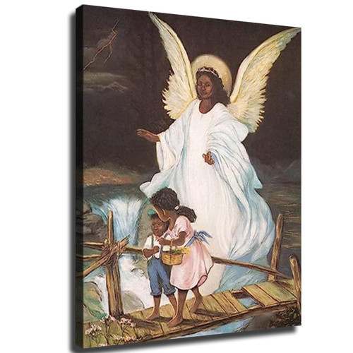 Guardian Angel with Children on The Bridge African American Black Religious Decor Picture Canvas Wall Art Print Home Room Decor Framed and Unframed Mural (08x10inch-No Framed)