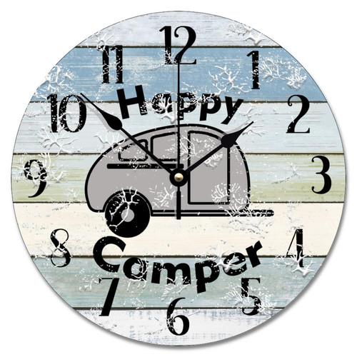 Happy Camper Wall Clock Summer Camping Clocks Silent Round Wooden Wall Clock Battery Operated Decorative Hanging Clock for Office Home Decor Wedding Birthday Housewarming Gift