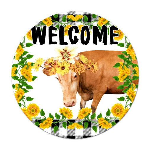 Bomehhjuli Welcome Sign Front Door Round Metal Sign Welcome Cow Sunflower Aluminum Sign Bufflao Plaid Christian Scripture 12in Retro Chic Wall Decor Art for Home Living Room Kitchen Outdoor