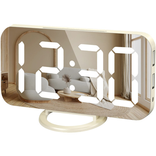 WulaWindy Digital Alarm Clock, Large Mirrored LED Display with Dual USB Ports, Snooze Function Dim Mode Wall Hanging Beside Desk Clock for Bedroom