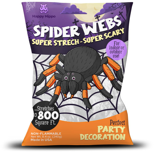 Happy Hippo Halloween Spider Web Decoration, 1500 Sqare Feet & Plastic Spiders, Halloween Party Supplies, Spider Webs (Extra Large, 1500 Sq Feet)