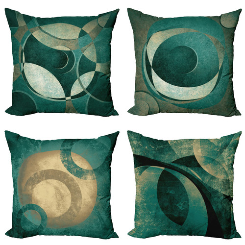 Ambesonne Retro Throw Pillow Cushion Case Pack of 4, Groovy Effect Geometric Design Circles Rounds Grunge Weathered Ornament, Modern Accent Double-Sided Digital Printing, 20", Dark Teal and Warm Taupe