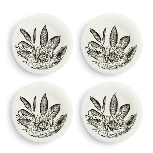 DEMDACO Floral Contrasting Pattern Whimsical White and Black 6.5 x 6.5 Melamine and Bamboo Appetizer Plates, Set of 4