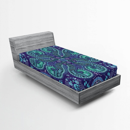 Lunarable Paisley Fitted Sheet, Motifs Inspired with Ivy Flowers Round Shapes, Bed Cover with All-Round Elastic Deep Pocket for Comfort, Twin XL Size, Cadet Blue