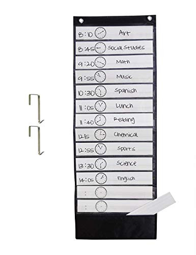 Pocket Charts for Classroom, Eamay Daily Schedule Pocket Chart, Pocket Chart with 14 Pockets, 18pcs Dry Erase Cards and 2 Hooks