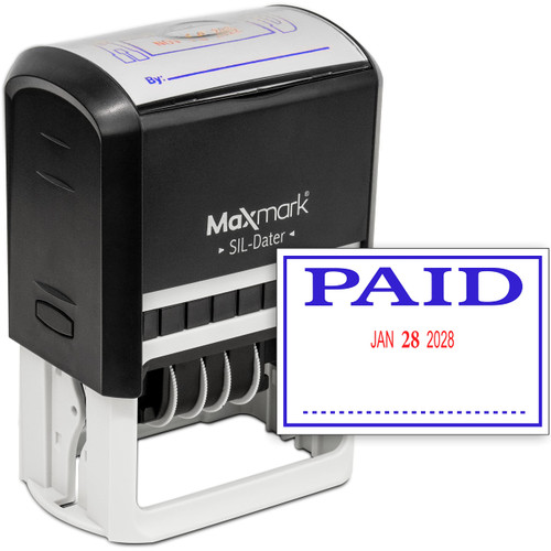 MaxMark Large Self-Inking Rubber Date Office Stamp with Paid Phrase & Date - Blue/Red Ink, 12-Year Band - Style 3
