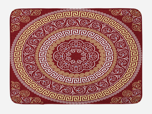 Ambesonne Greek Bath Mat, Round and Square Ornament Meander with Floral Motifs and Spirals, Plush Bathroom Decor Mat with Non Slip Backing, 30.2" x 20", Pale Yellow White and Ruby