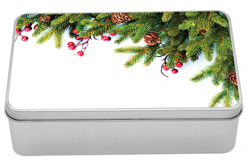 Ambesonne Christmas Tin Box, Evergreen Fir Tree Branches with Cones Yule Celebration Holly Culture Design, Portable Rectangle Metal Organizer Storage Box with Lid, 7.2" X 4.7" X 2.2", Green Brown