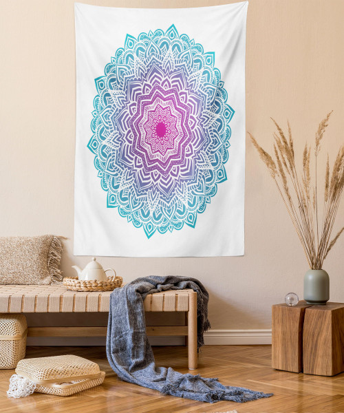 Ambesonne Mandala Tapestry, Round Floral Starry Pattern with Soft Aqua Color Theme, Wall Hanging for Bedroom Living Room Dorm Decor, 60" X 80", White Pink Blue