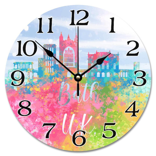 Guangpat United Kingdom Bath Skyline Silhouette Wall Clock Coloured Bath Cityscape 10 Inch Round Wall Clocks Battery Operated Desk Clock Modern Home Decor for Kitchen Bedroom Living Room