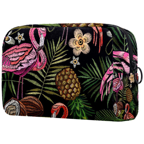 Embroidery Flamingo Palm Tree Leaves Pineapple Coconut Tropical Pattern Makeup Bags Portable Tote Cosmetics Bag Travel Cosmetic Organizer Toiletry Bag Make-up Cases for Women