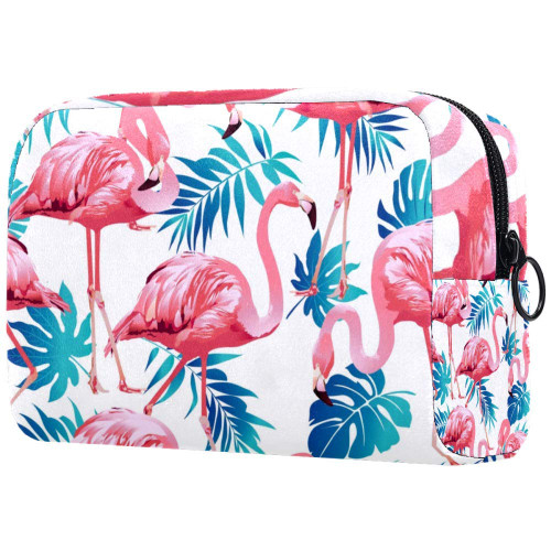 Blue Tropical Palm Leaves With Exotic Flamingo Makeup Bags Portable Tote Cosmetics Bag Travel Cosmetic Organizer Toiletry Bag Make-up Cases for Women